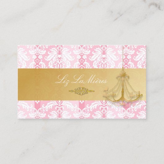 PixDezinesシャンデリア+ダマスク/暗い赤紫色+金ゴールドレース 名刺 (裏面)