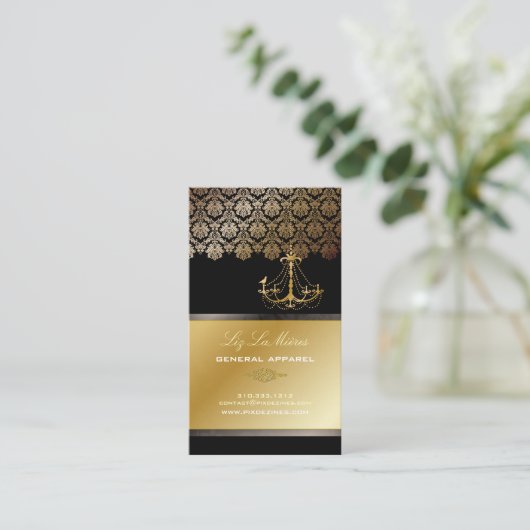 PixDezinesシャンデリア+ダマスク/黒+金ゴールドレース 名刺 (スタンド正面)
