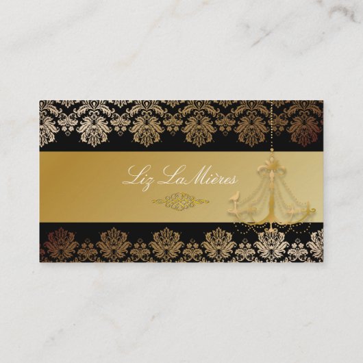 PixDezinesシャンデリア+ダマスク/黒+金ゴールドレース 名刺 (裏面)