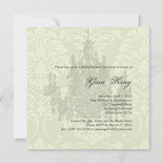 PixDezinesシャンデリア/ホワイトダマスク、ブライダルシャワー 招待状 (裏面)