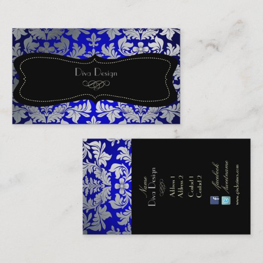 PixDezinesシルバーフェイクバロックのダマスクブルー/ブラック 名刺 (正面/裏面)