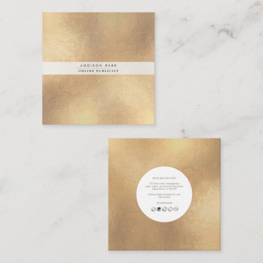 PixDezinesシンプルエレガント、フェイク金ゴールド+ホワイト スクエア名刺 (正面/裏面)