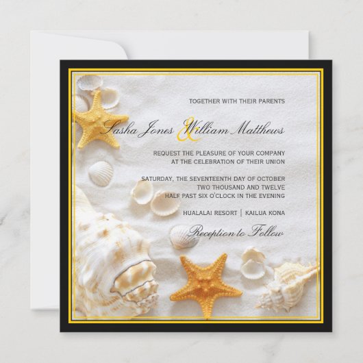 PixDezinesシーシェル/ビーチ/黄色+黒のフレーム 招待状 (裏面)