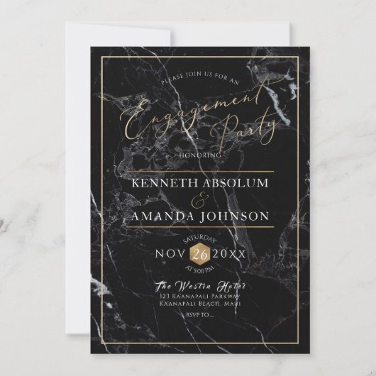 PixDezinesスクリプエレガントト、黒い大理石+フェイク金ゴールド 招待状 (正面)