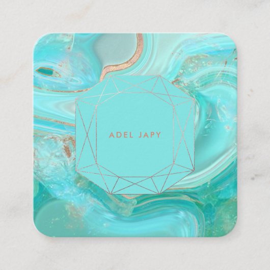 PixDezinesターコイズバラ金ゴールドエメラルドカットフレーム スクエア名刺 (正面)