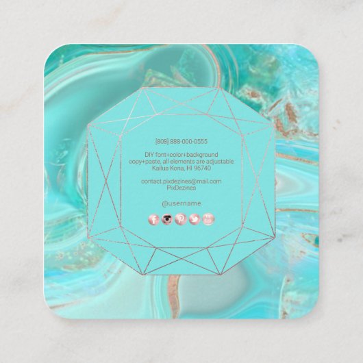 PixDezinesターコイズバラ金ゴールドエメラルドカットフレーム スクエア名刺 (裏面)
