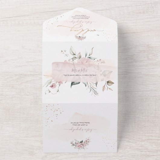 PixDezinesダスティエレガントバラ水彩の花 オールインワン招待状 (外側)