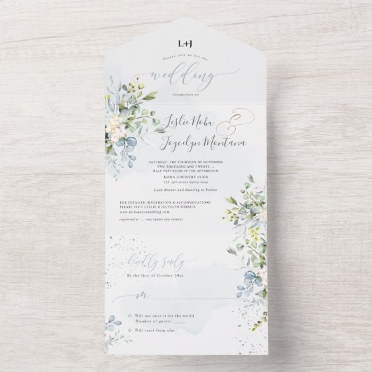 PixDezinesダスティエレガントブルーガムユーカリ オールインワン招待状 (内側)