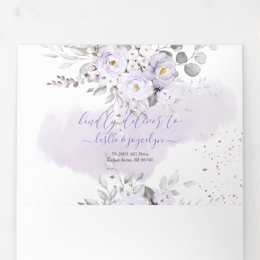 PixDezinesダスティ素朴パープルバラユーカリ 三つ折り招待状 (フラップ)