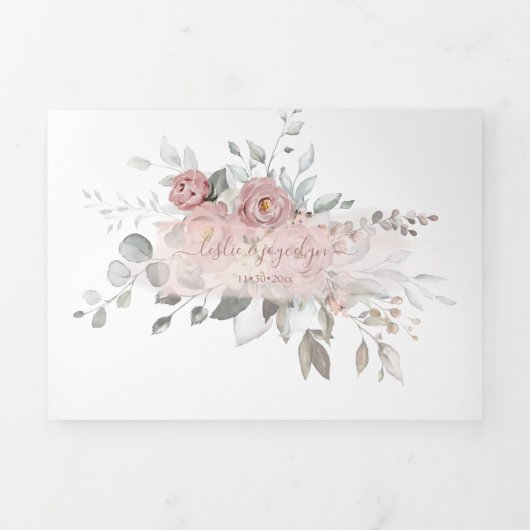 PixDezinesダスティ素朴ピンクローゼユーカリ 三つ折り招待状 (カバー)