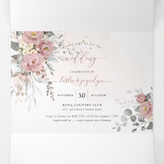 PixDezinesダスティ素朴ピンクローゼユーカリ 三つ折り招待状 (内部中)