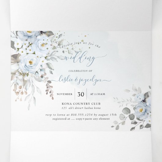 PixDezinesダスティ素朴ブルーバラユーカリ 三つ折り招待状 (内部中)