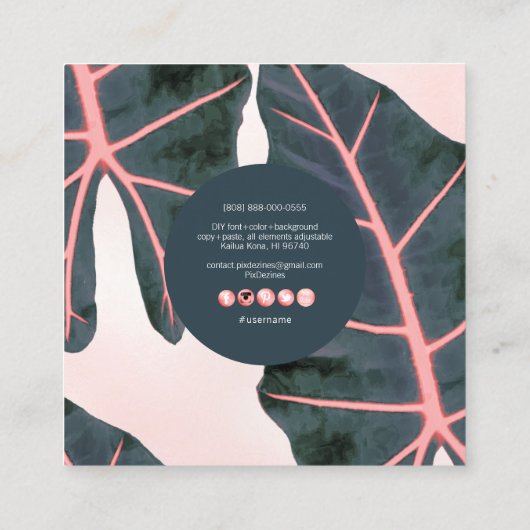 PixDezinesダークグリーンカラジウムコーラルスパイン スクエア名刺 (裏面)