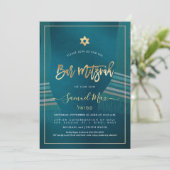 PixDezinesダークティール(緑がかった色)+ゴールドタリッツバー(ユダヤ教の)バル・ミツバー 招待状 (スタンド正面)