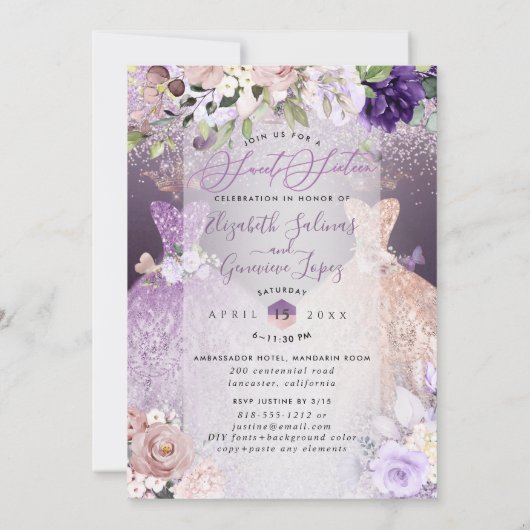 PixDezinesツインズスウィート16バラ金ゴールドダスティパープルI 招待状 (裏面)