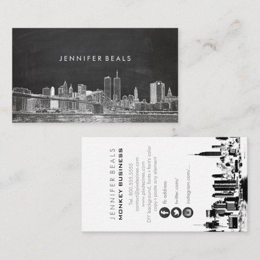 PixDezinesツインタワーズNYCスカイライン/チャルクボード 名刺 (正面/裏面)