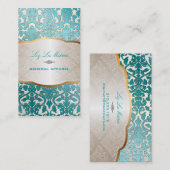 PixDezinesティール（緑がかった色）フローラのダマスク/日の背景 名刺 (正面/裏面)