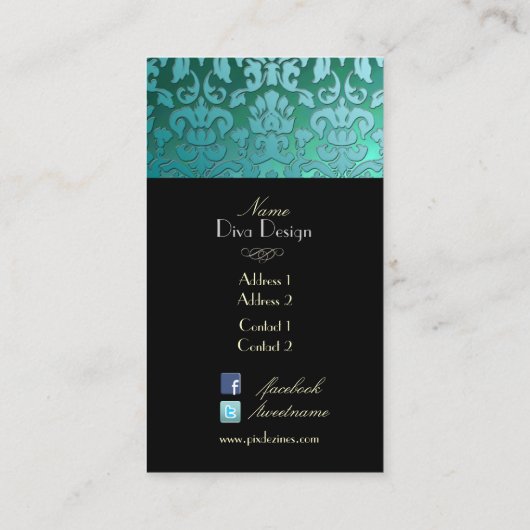 PixDezinesティール（緑がかった色）フローラのダマスク/日の背景 名刺 (裏面)