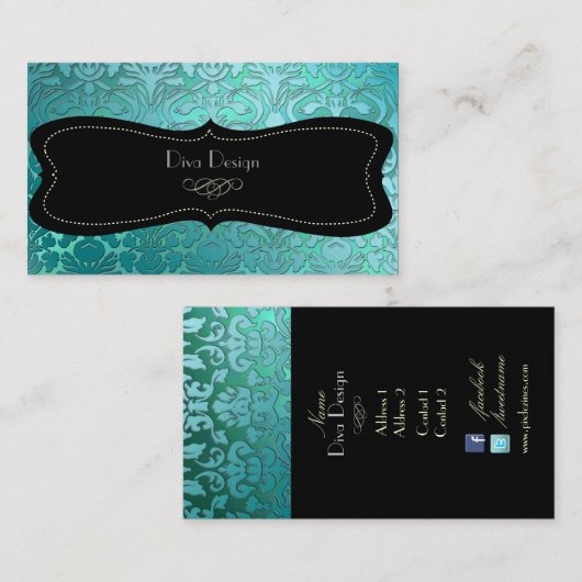 PixDezinesティール（緑がかった色）フローラのダマスク/日の背景 名刺 (正面/裏面)