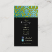 PixDezinesティール（緑がかった色）フローラのダマスク/日の背景 名刺 (裏面)