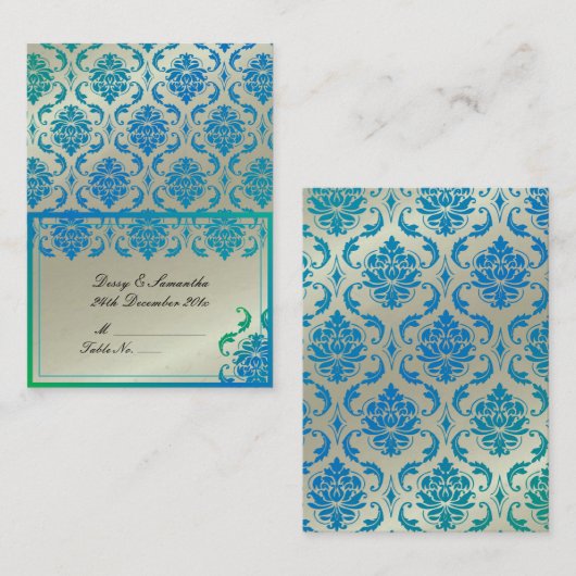 PixDezinesティール(緑がかった色)ヴェンドームダマスクテント座席表 プレイスカード (正面/裏面)