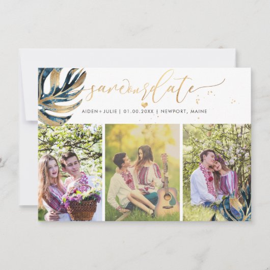 PixDezinesネイビーブルーモンステラフェイクメタリック セーブザデート (正面)