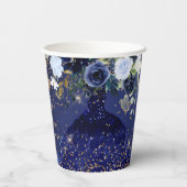 PixDezinesネイビーブルー金ゴールドグリッターQuinceDress Pape 紙コップ (裏面)