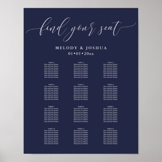 PixDezinesネイビーモダンカリグラフィー、シーティングチャート ポスター (正面)