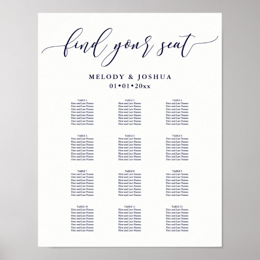 PixDezinesネイビーモダンカリグラフィー、シーティングチャート ポスター (正面)