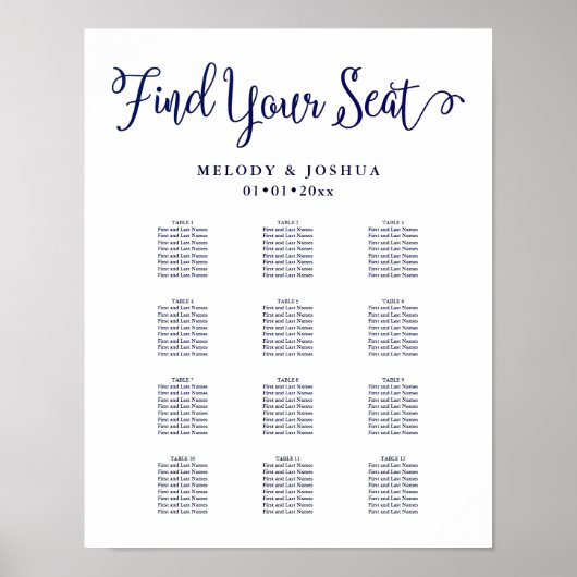 PixDezinesネイビーモダンカリグラフィー、シーティングチャート ポスター (正面)