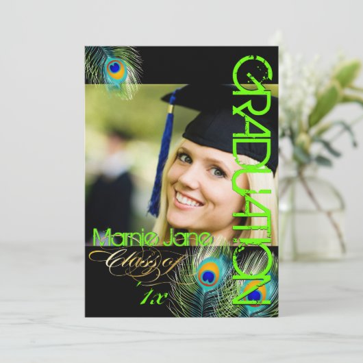 PixDezinesネオングリーンピーコックフェザーの卒業 招待状 (スタンド正面)