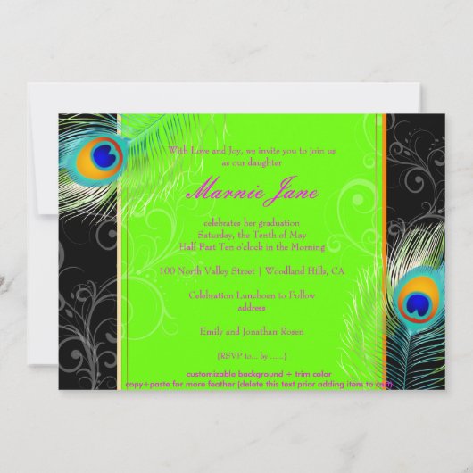 PixDezinesネオングリーンピーコックフェザーの卒業 招待状 (裏面)