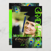 PixDezinesネオングリーンピーコックフェザーの卒業 招待状 (正面/裏面)