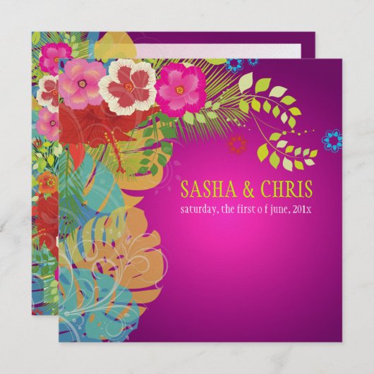 PixDezinesハイビスカス+モンステラ/イエロー+暗い赤紫色 招待状 (正面/裏面)