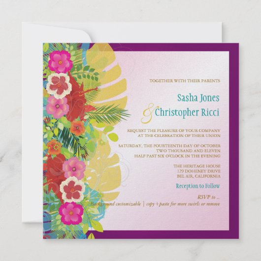 PixDezinesハイビスカス+モンステラ/イエロー+暗い赤紫色 招待状 (裏面)