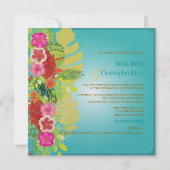 PixDezinesハイビスカス+モンステラ/黄色+アクア 招待状 (裏面)