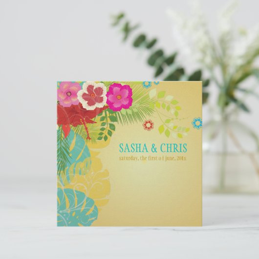 PixDezinesハイビスカス+モンステラ/黄色+アクア 招待状 (スタンド正面)