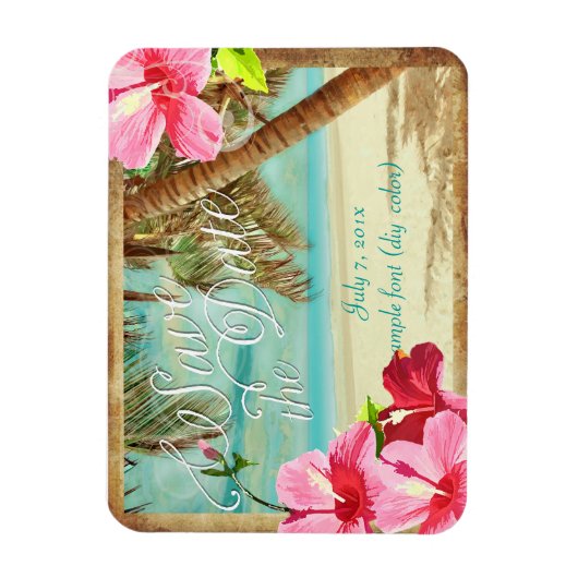 PixDezinesハイビスカス/ヴィンテージビーチ救/日付 マグネット (縦)