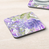 PixDezinesハワイアンジャングルパープルグリーンの葉 コースター (左側)