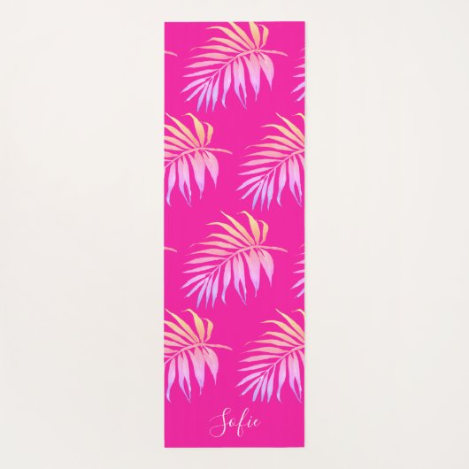PixDezinesハワイアンジャングルピンクグリーンの葉 ヨガマット (裏面)