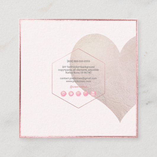 PixDezinesハート|金属フェイク赤面 スクエア名刺 (裏面)