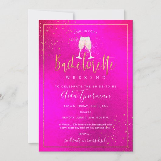 PixDezinesバチェロレッテ週末の暑さn派手なピンク 招待状 (正面)