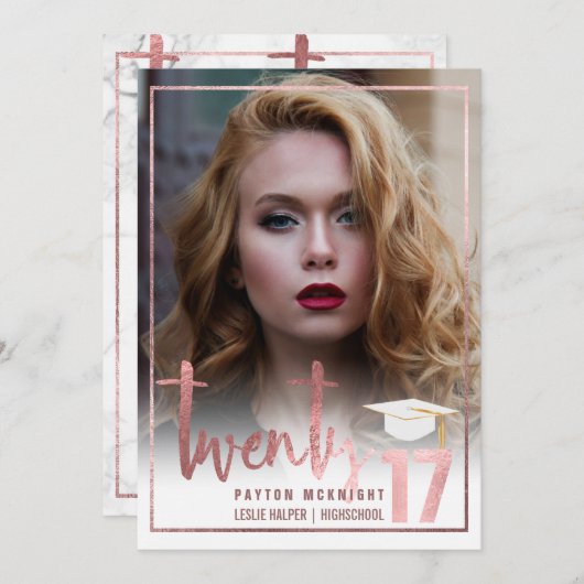 PixDezinesバラフェイク金ゴールド/大理石の卒業 招待状 (正面/裏面)