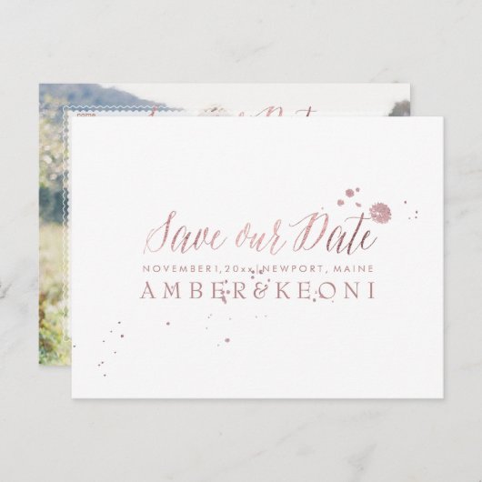 PixDezinesバラフェイク金ゴールド/Brusthスクリプト/救日付 案内ポストカード (正面/裏面)