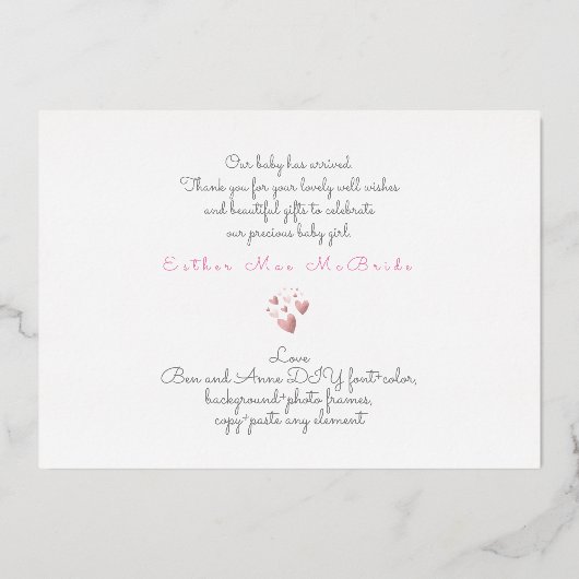 PixDezinesバラ金ゴールドハート誕生発表 箔招待状 (裏面)