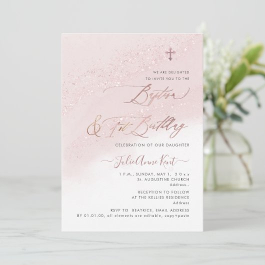 PixDezinesバラ金ゴールドバプテスマ+1歳 招待状 (スタンド正面)