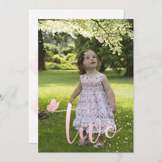 PixDezinesバラ金ゴールドピンク蝶水彩 招待状 (正面/裏面)