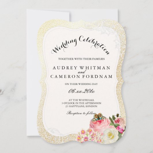 PixDezinesバラ/ビクトリアンペニー/フェイク金ゴールドspeck 招待状 (裏面)