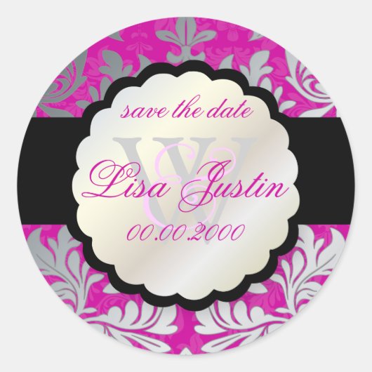 PixDezinesバロック・ダマスク/DIYカラー/マゼンタ ラウンドシール (正面)