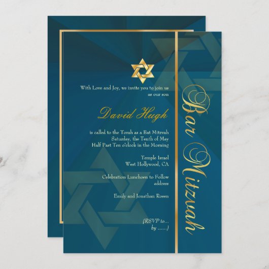 PixDezinesバークラシック(ユダヤ教の)バル・ミツバー/ティール(緑がかった色)ブルー+金ゴ 招待状 (正面/裏面)